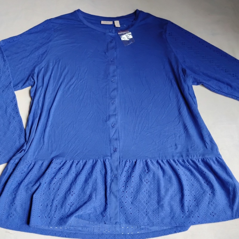 Logo Lori Goldstein Top 1x Jersey Stretch Lace Ruffled Capsule Office New